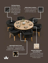 Round wooden outdoor dining table with six black rope weave chairs and Olefin cushions