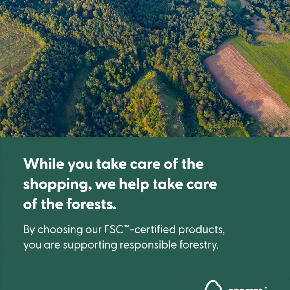 Aerial view of dense forest and farmland, FSC certification message supporting sustainable forestry