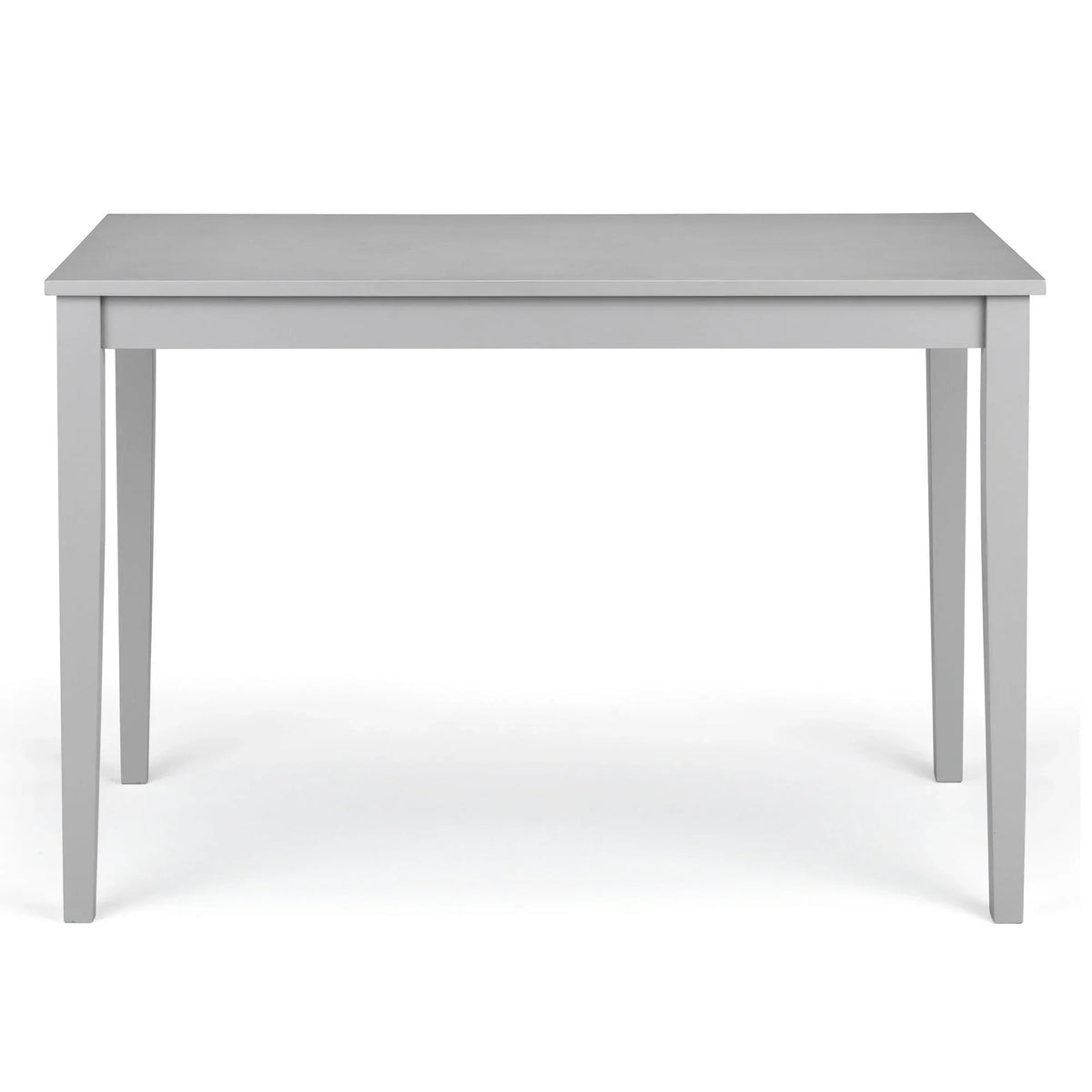 Grey dining table with rectangular top and straight legs, front view against white background