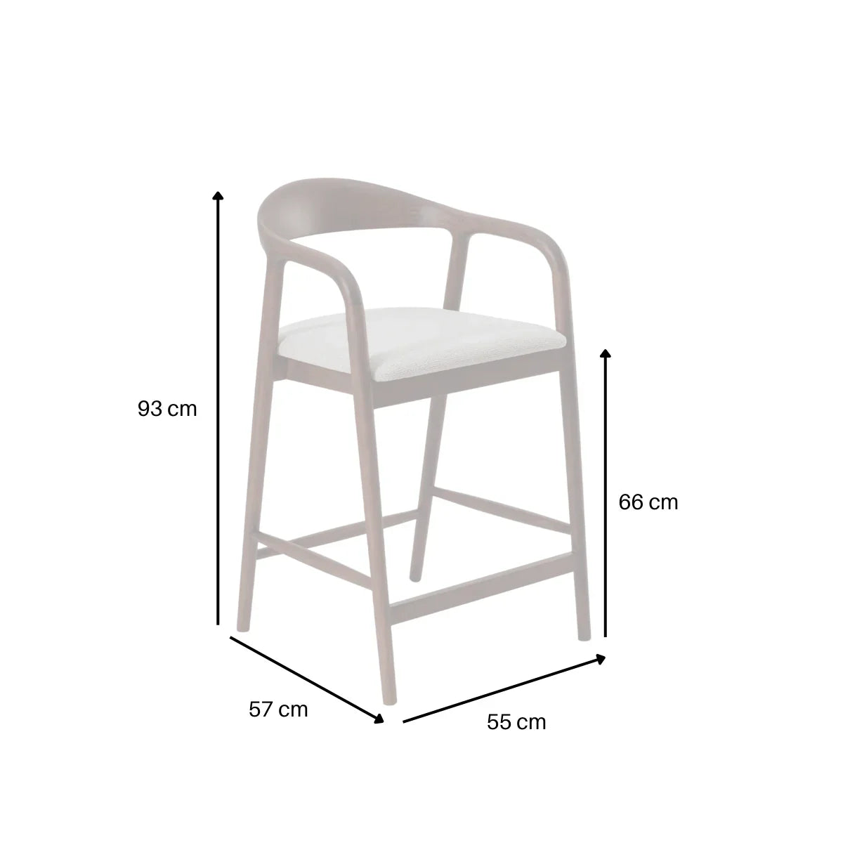 Tess barstool with natural wood frame and cream seat, showing dimensions in centimeters