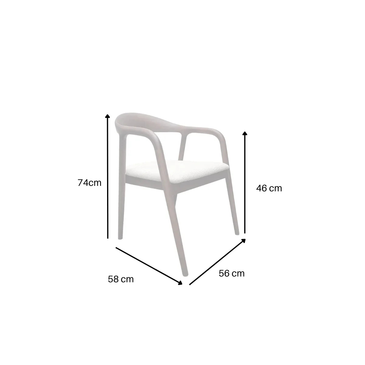 Tess chair with light seat and wooden frame shown with height, width, and seat measurements