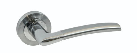 Satin chrome lever door handle with round rose, close-up side view