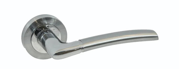 Satin chrome lever door handle with round rose, close-up side view
