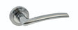 Satin chrome lever door handle with round rose, close-up side view