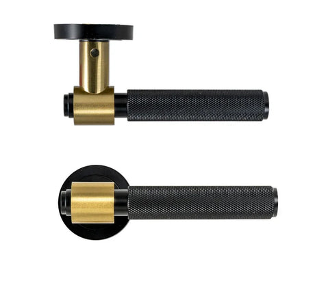 Black and gold door handle set with textured grips shown from side and front angles