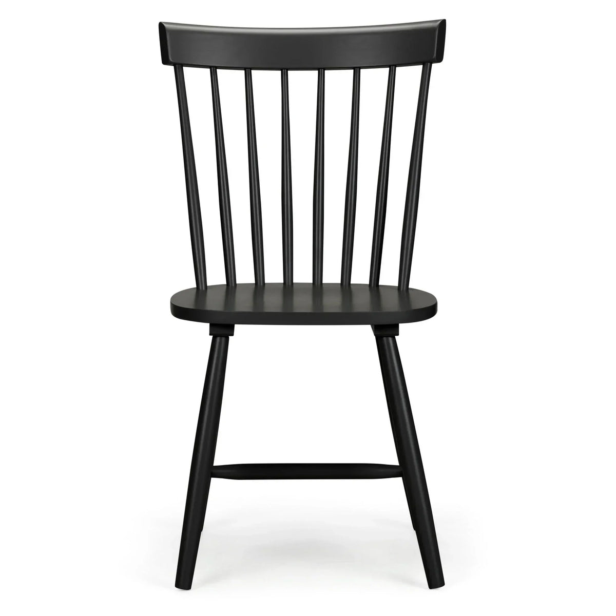 Black wooden dining chair with spindle backrest and angled legs, front view