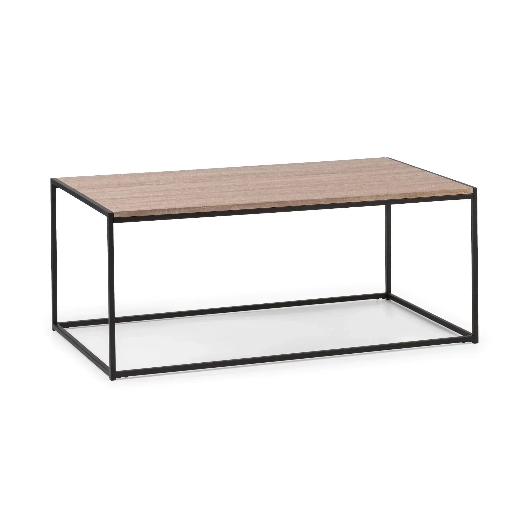 Rectangular coffee table with light wood top and black metal frame, modern minimalist style