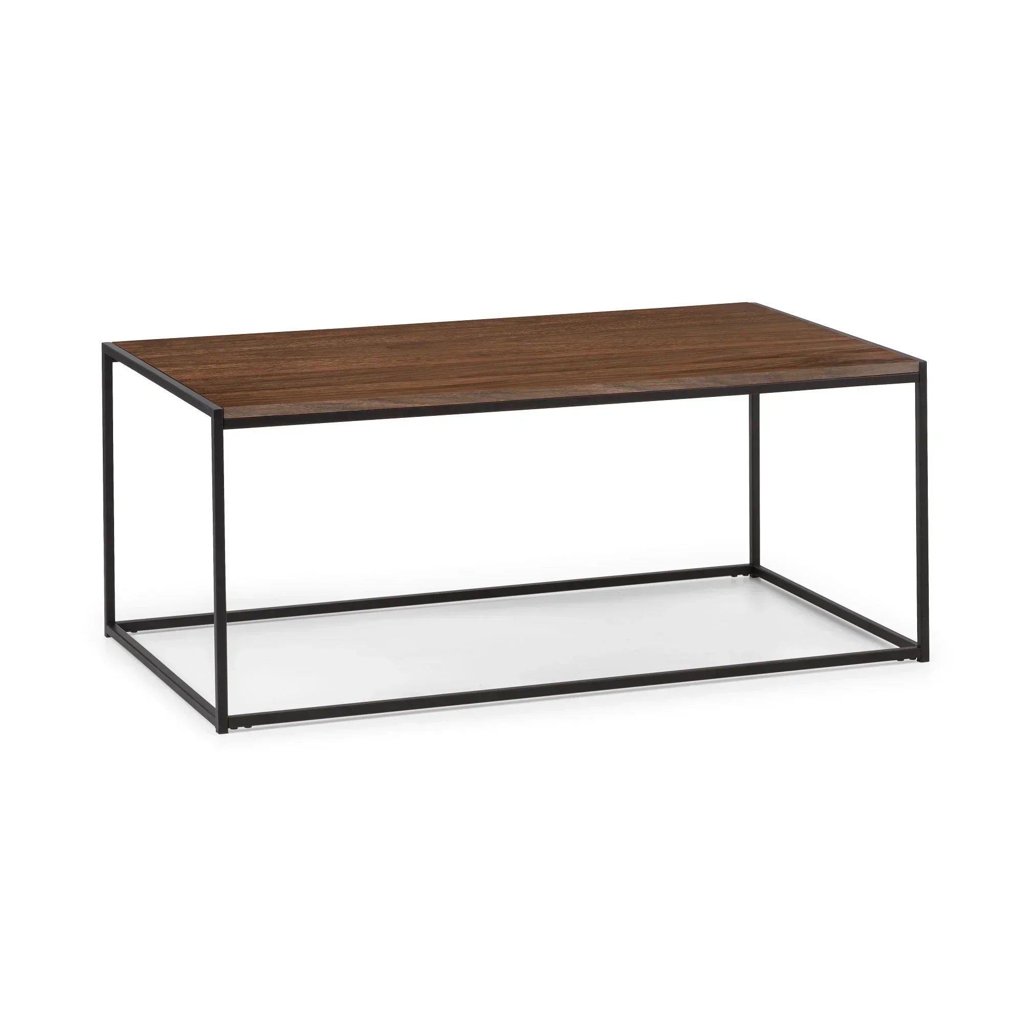 Rectangular walnut coffee table with black metal frame on white background