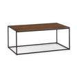 Rectangular walnut coffee table with black metal frame on white background