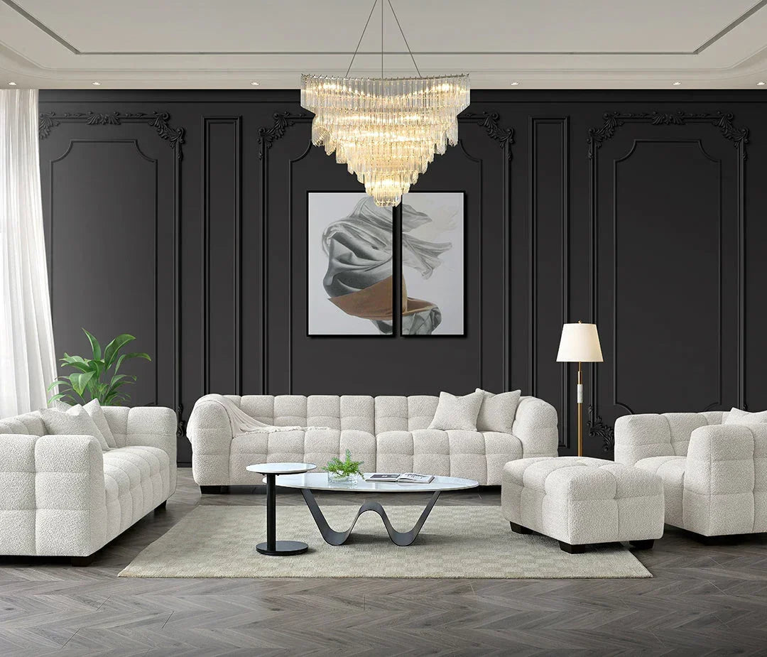 Oatmeal modular sofa set with ottoman, armchair and modern coffee table in elegant living room