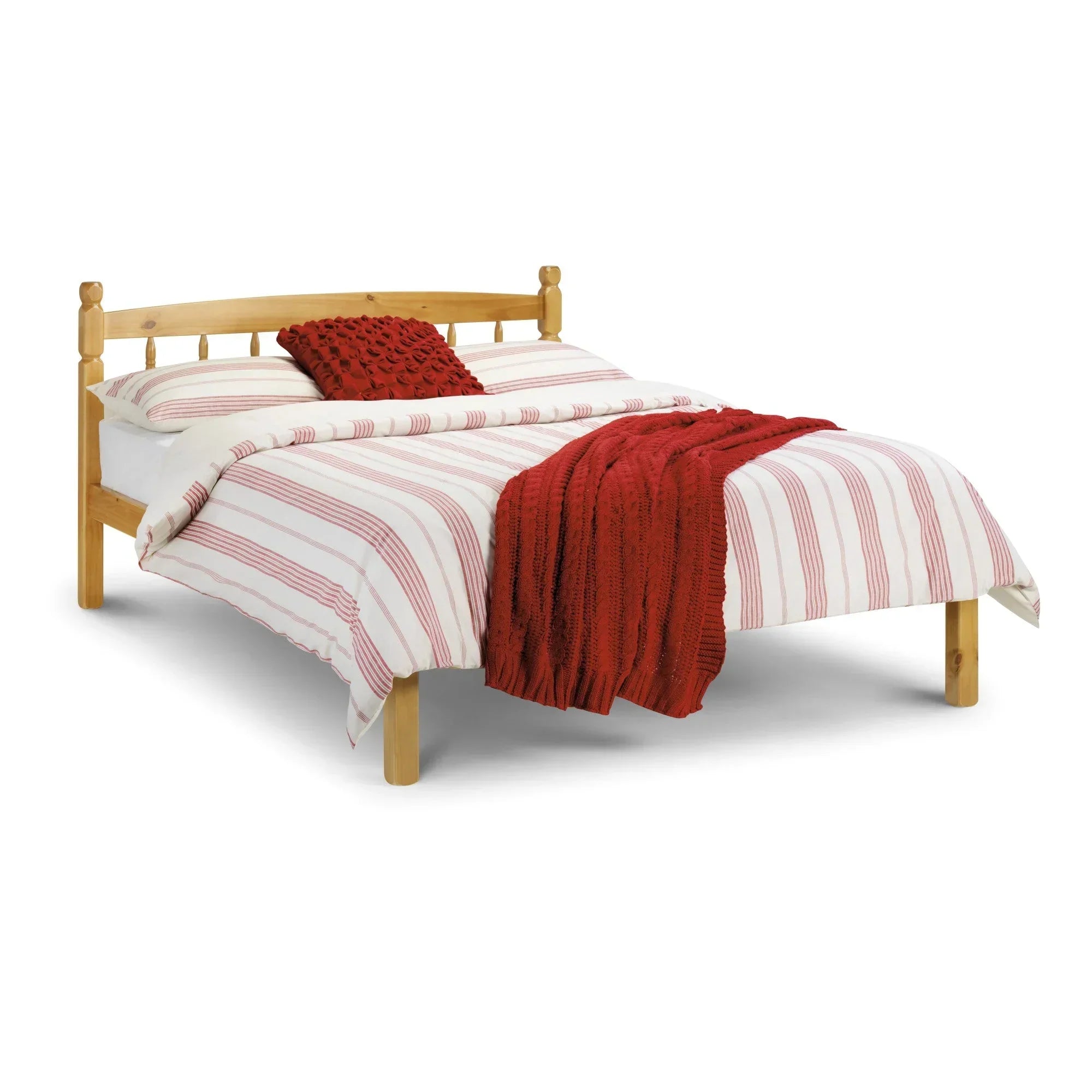 Pickwick 120cm small double pine bed with striped bedding and red throw
