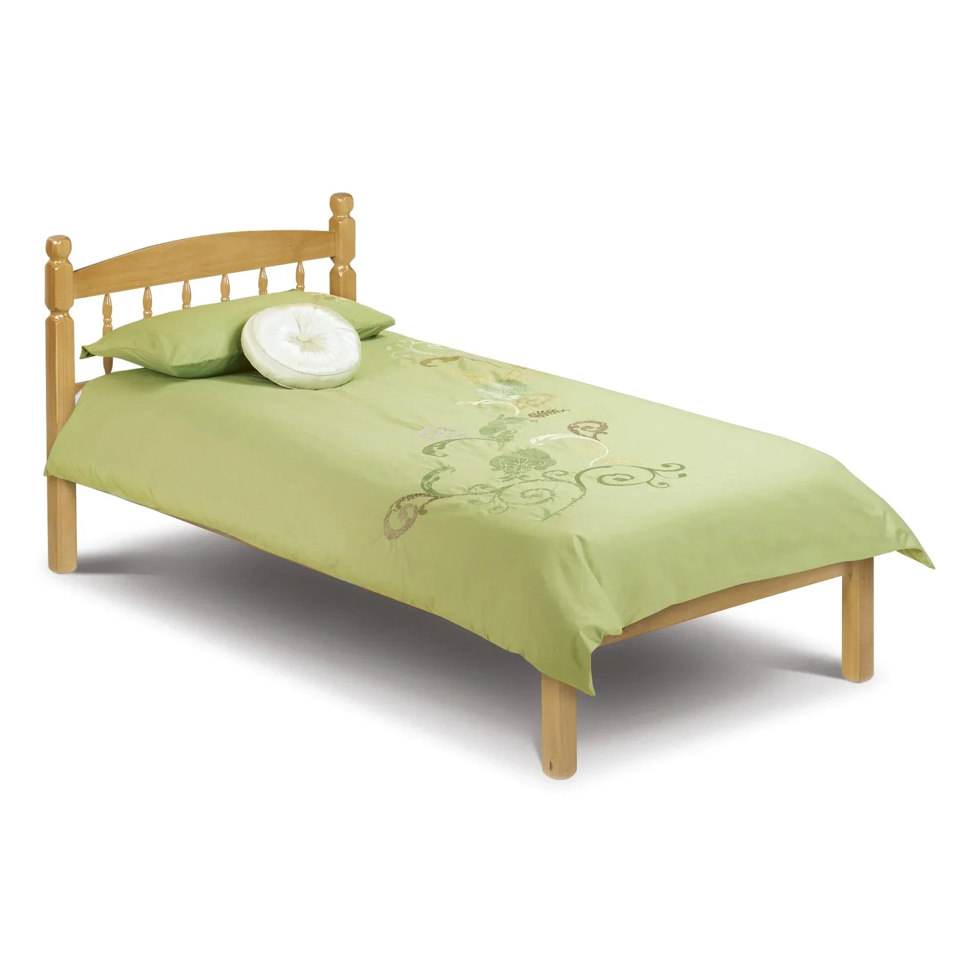 Pine single bed frame with slatted headboard and green bedding, shown from front angle