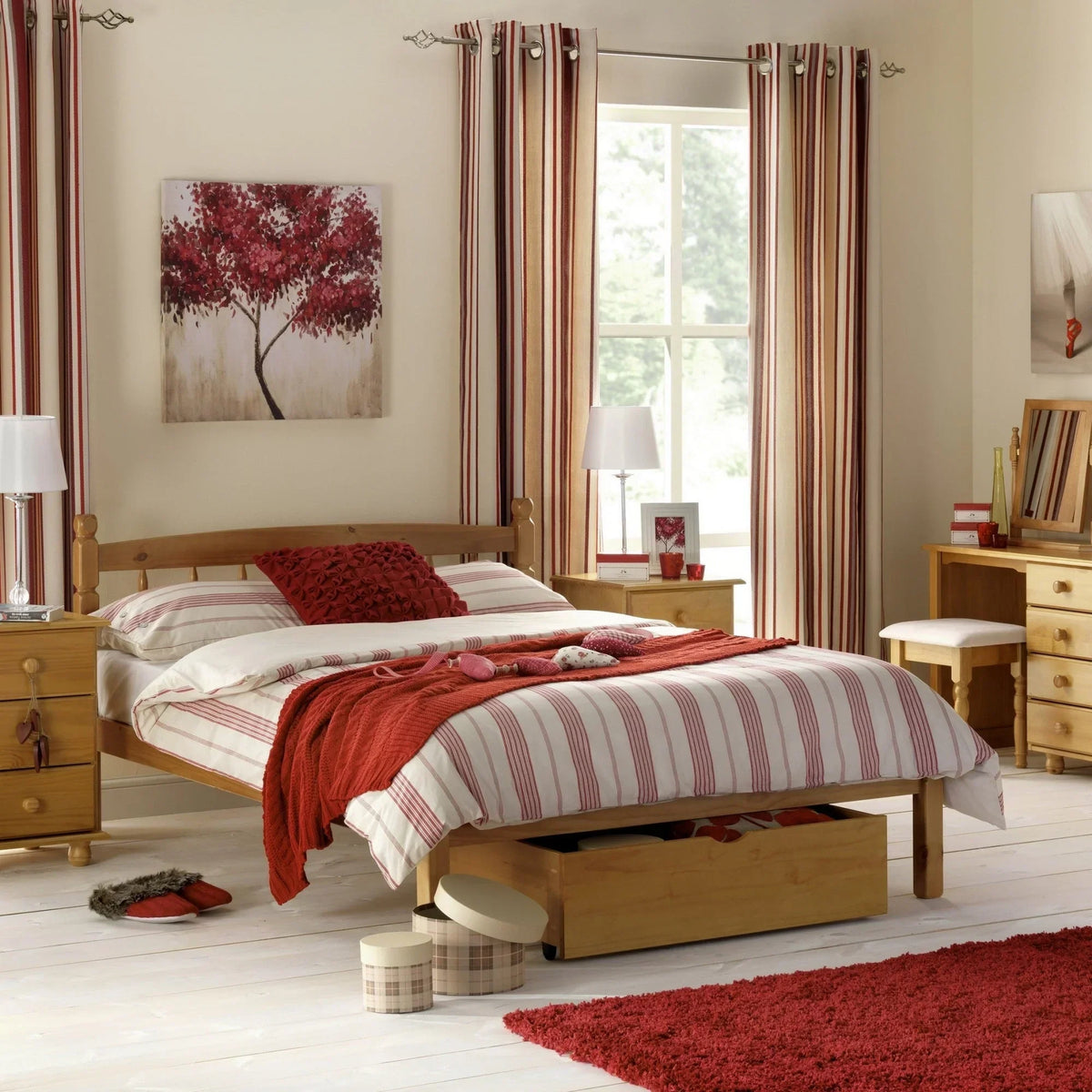 Pickwick pine single bed in bright bedroom with storage drawer and striped bedding