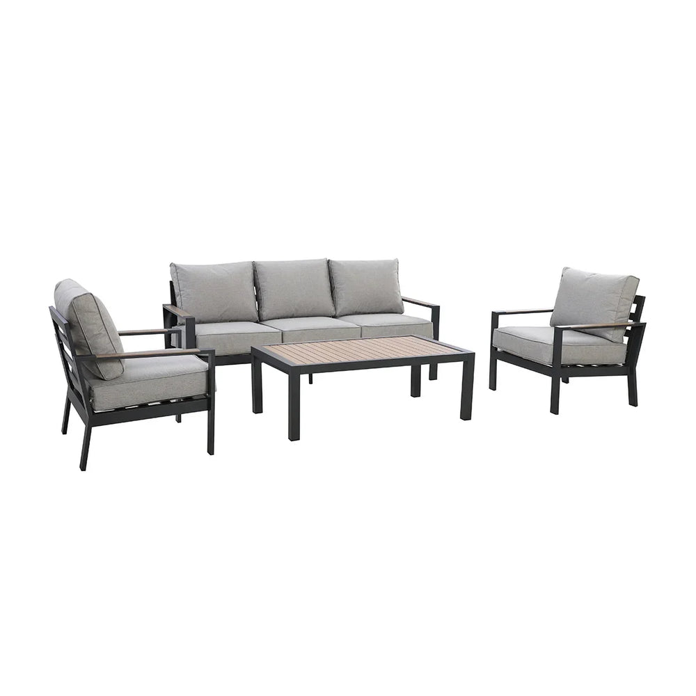 Grey outdoor sofa set with metal frame, two chairs, and rectangular coffee table