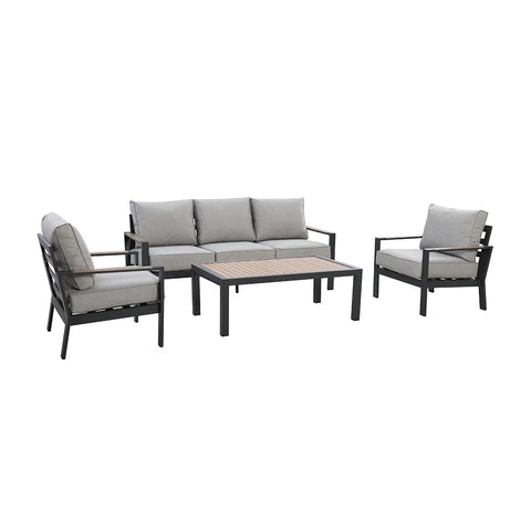 Grey outdoor sofa set with metal frame, two chairs, and rectangular coffee table