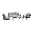 Grey outdoor sofa set with metal frame, two chairs, and rectangular coffee table
