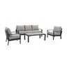 Grey outdoor sofa set with metal frame, two chairs, and rectangular coffee table