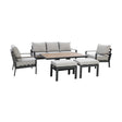 Grey outdoor sofa set with metal frame, matching armchairs, table, and cushioned stools