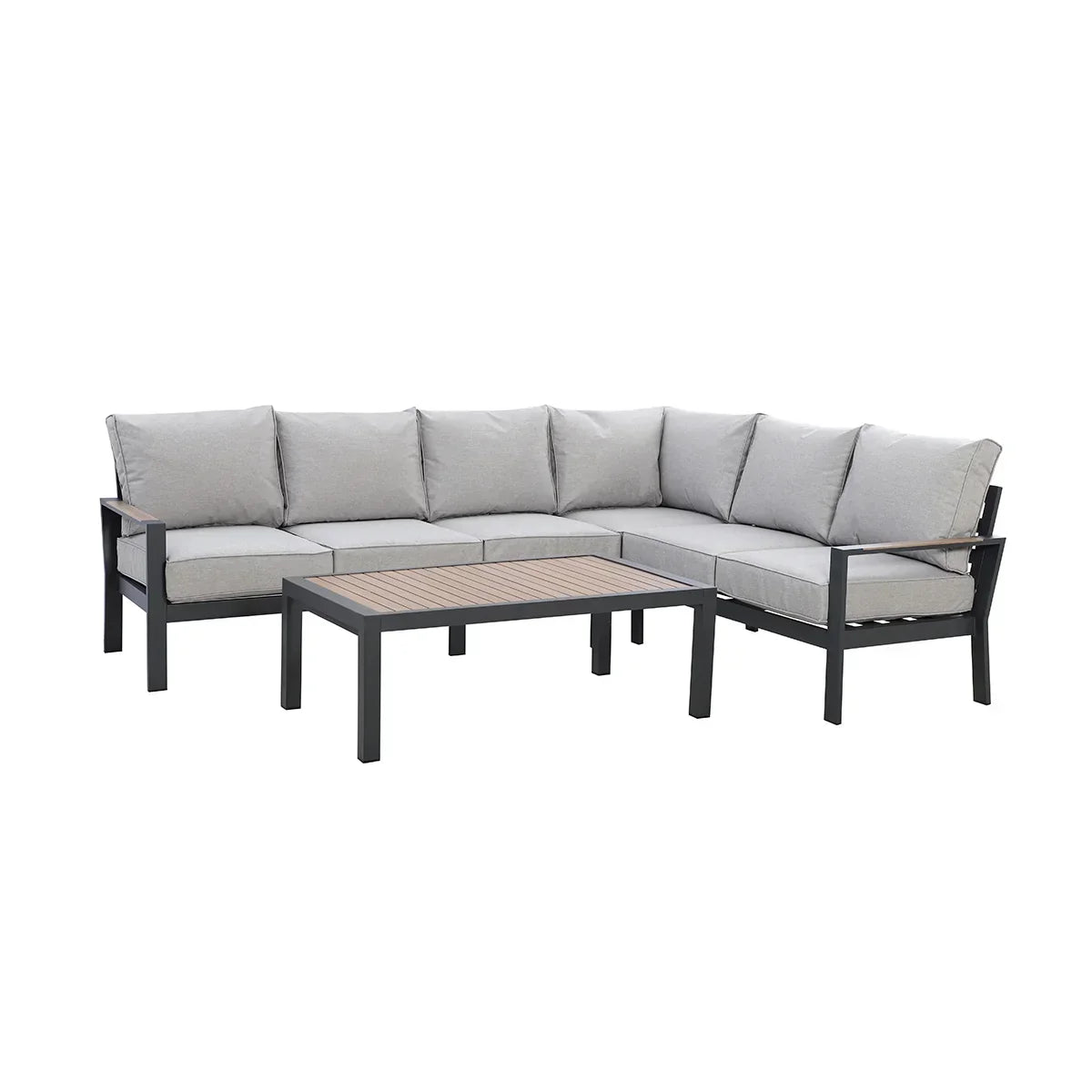 Grey outdoor corner sofa set with cushions and rectangular wood top coffee table