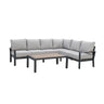 Grey outdoor corner sofa set with cushions and rectangular wood top coffee table