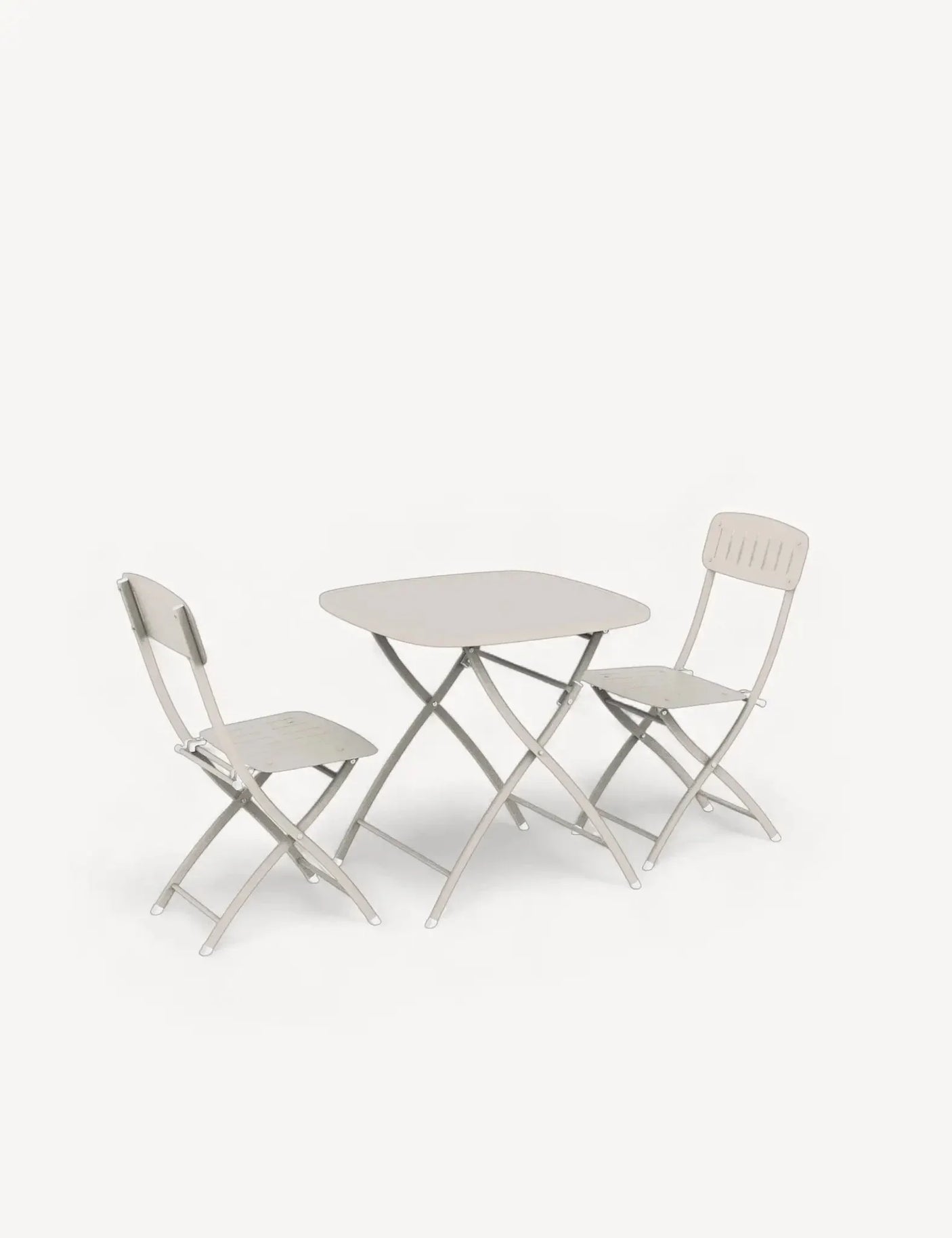 Folding bistro table and two chairs in light beige metal, shown on white background