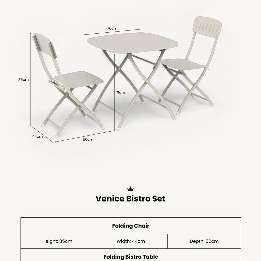 Venice bistro set with two folding chairs and square folding table, all in light grey