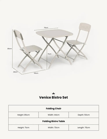 Venice bistro set with two folding chairs and square folding table, all in light grey