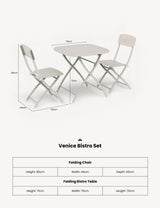 Venice bistro set with two folding chairs and square folding table, all in light grey