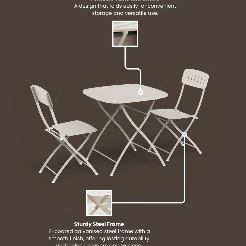 Foldable steel table and two matching chairs set with light finish on brown background