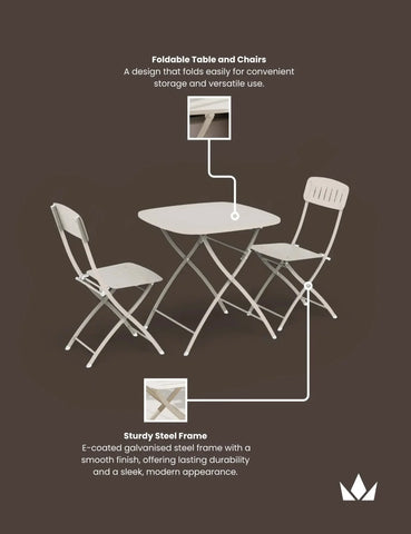 Foldable steel table and two matching chairs set with light finish on brown background