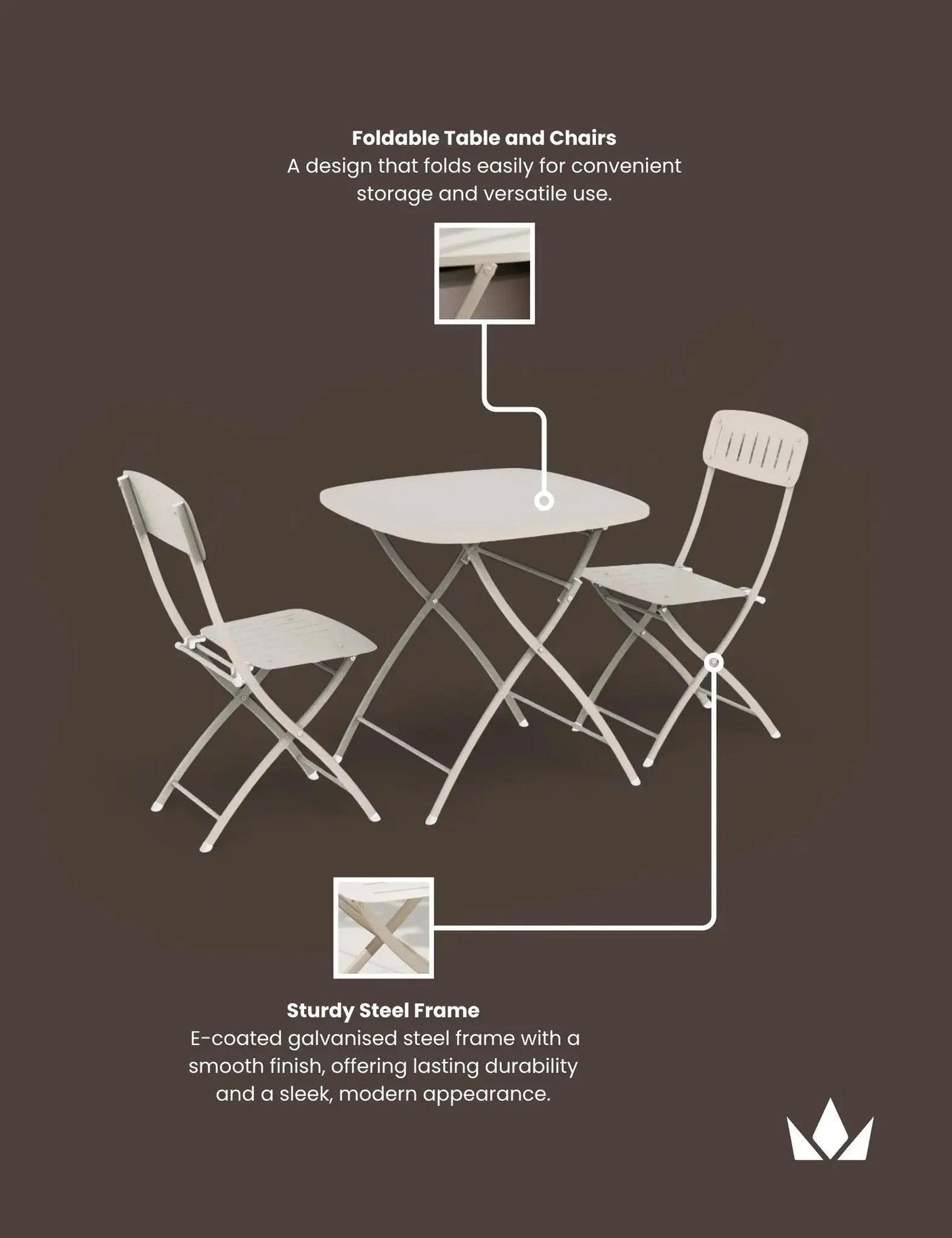 Foldable steel table and two matching chairs set with light finish on brown background