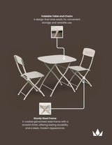 Foldable steel table and two matching chairs set with light finish on brown background