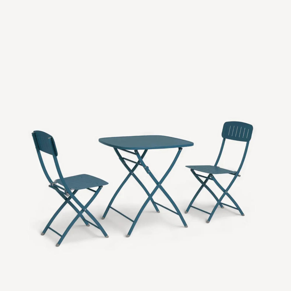 Blue metal bistro set with square folding table and two folding chairs on white background