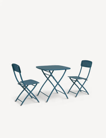 Blue metal bistro set with square folding table and two folding chairs on white background