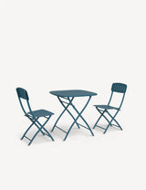 Blue metal bistro set with square folding table and two folding chairs on white background