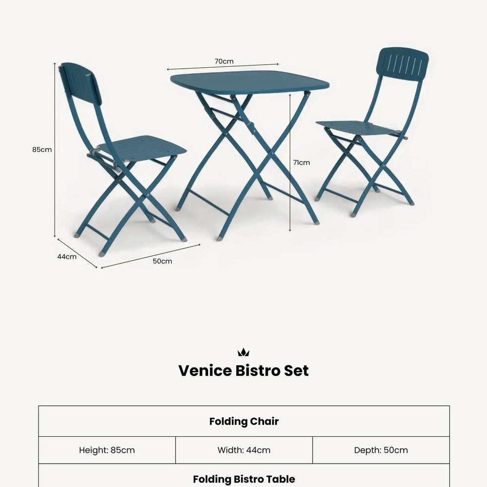 Blue metal Venice Bistro Set with folding table and two chairs, measurements labeled
