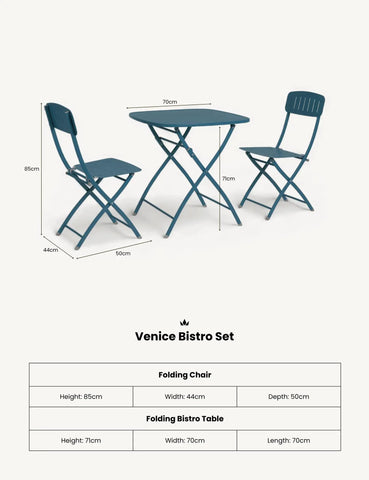 Blue metal Venice Bistro Set with folding table and two chairs, measurements labeled