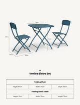 Blue metal Venice Bistro Set with folding table and two chairs, measurements labeled