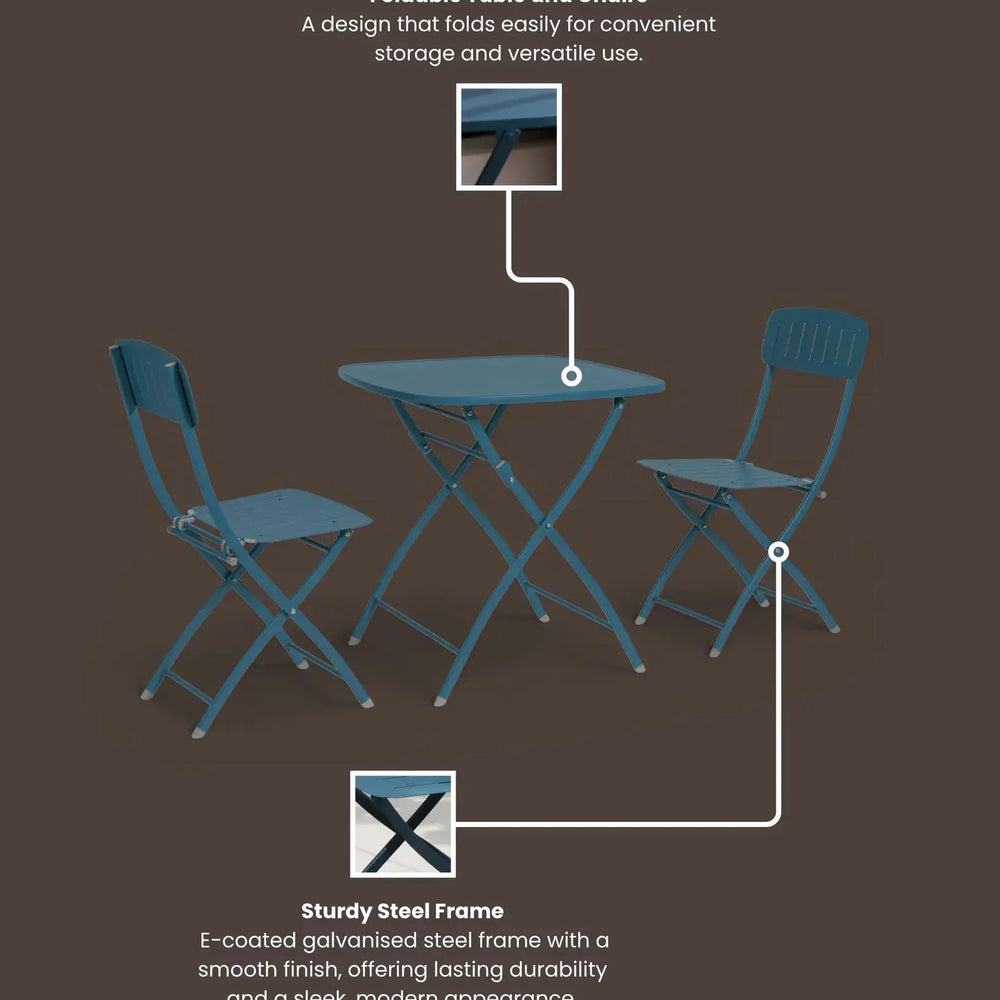 Blue foldable steel bistro table and two chairs set, shown on brown background