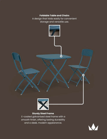 Blue foldable steel bistro table and two chairs set, shown on brown background