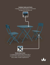 Blue foldable steel bistro table and two chairs set, shown on brown background