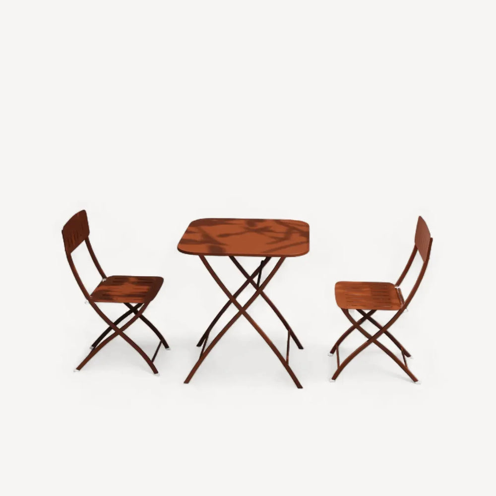 Wooden bistro table and two folding chairs with slatted seats and backs, shown front view