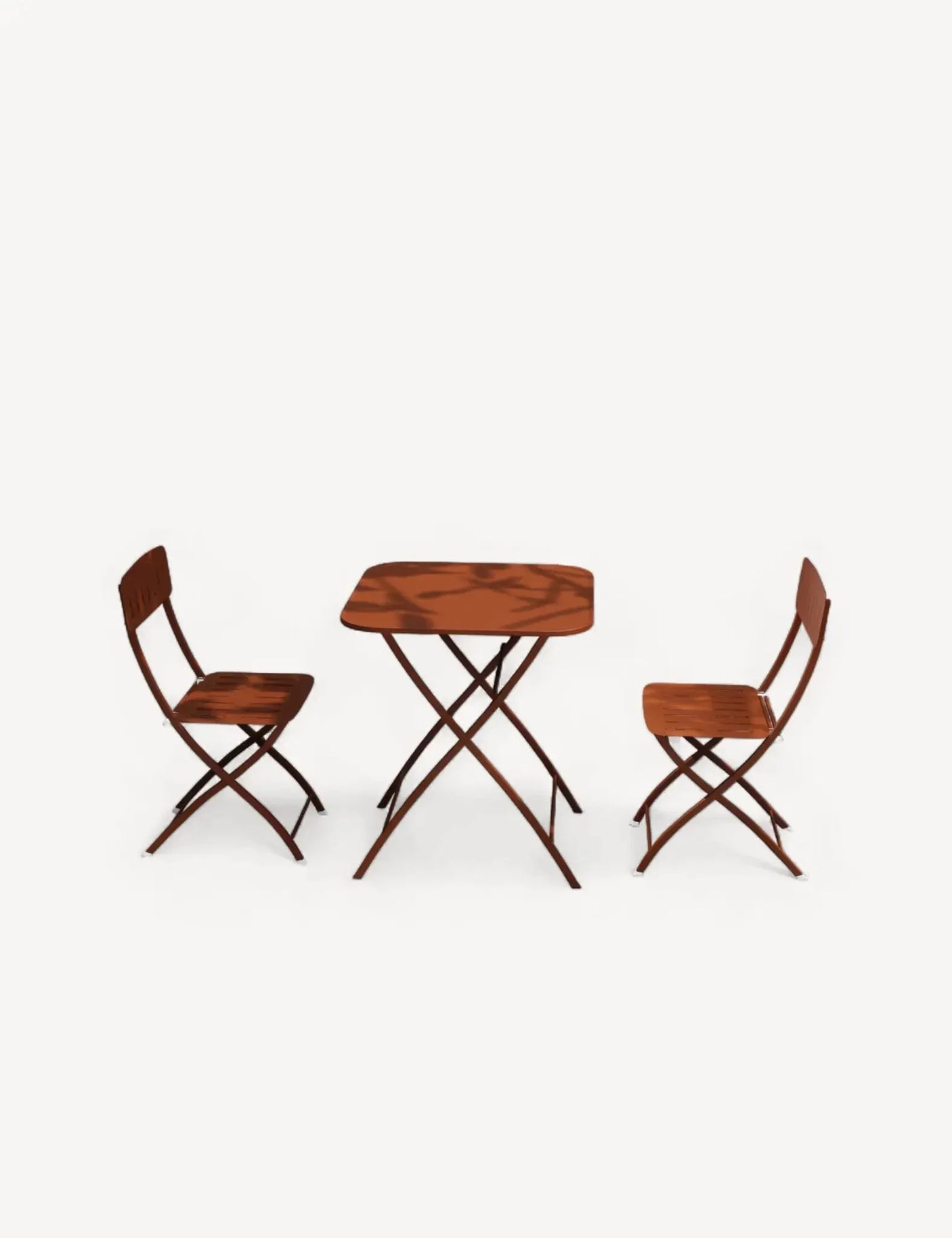 Wooden bistro table and two folding chairs with slatted seats and backs, shown front view