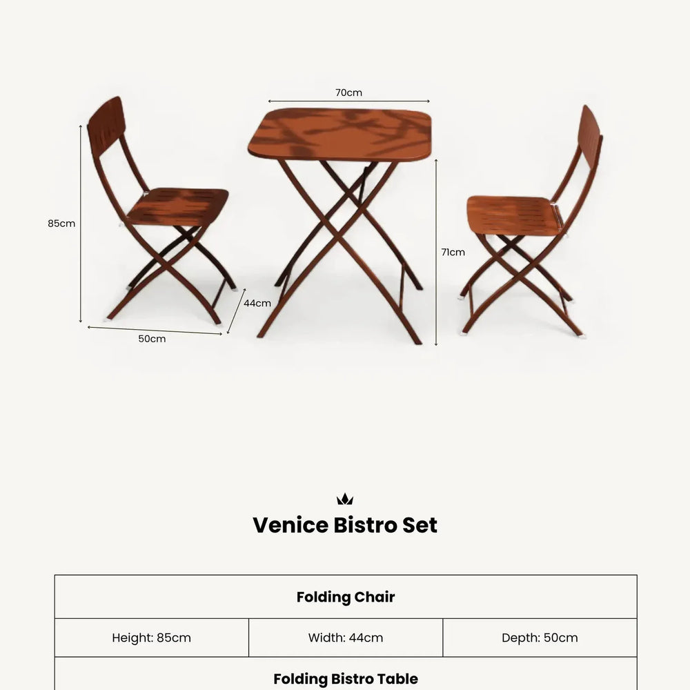 Wooden folding bistro set with two chairs and square table, dimension details visible