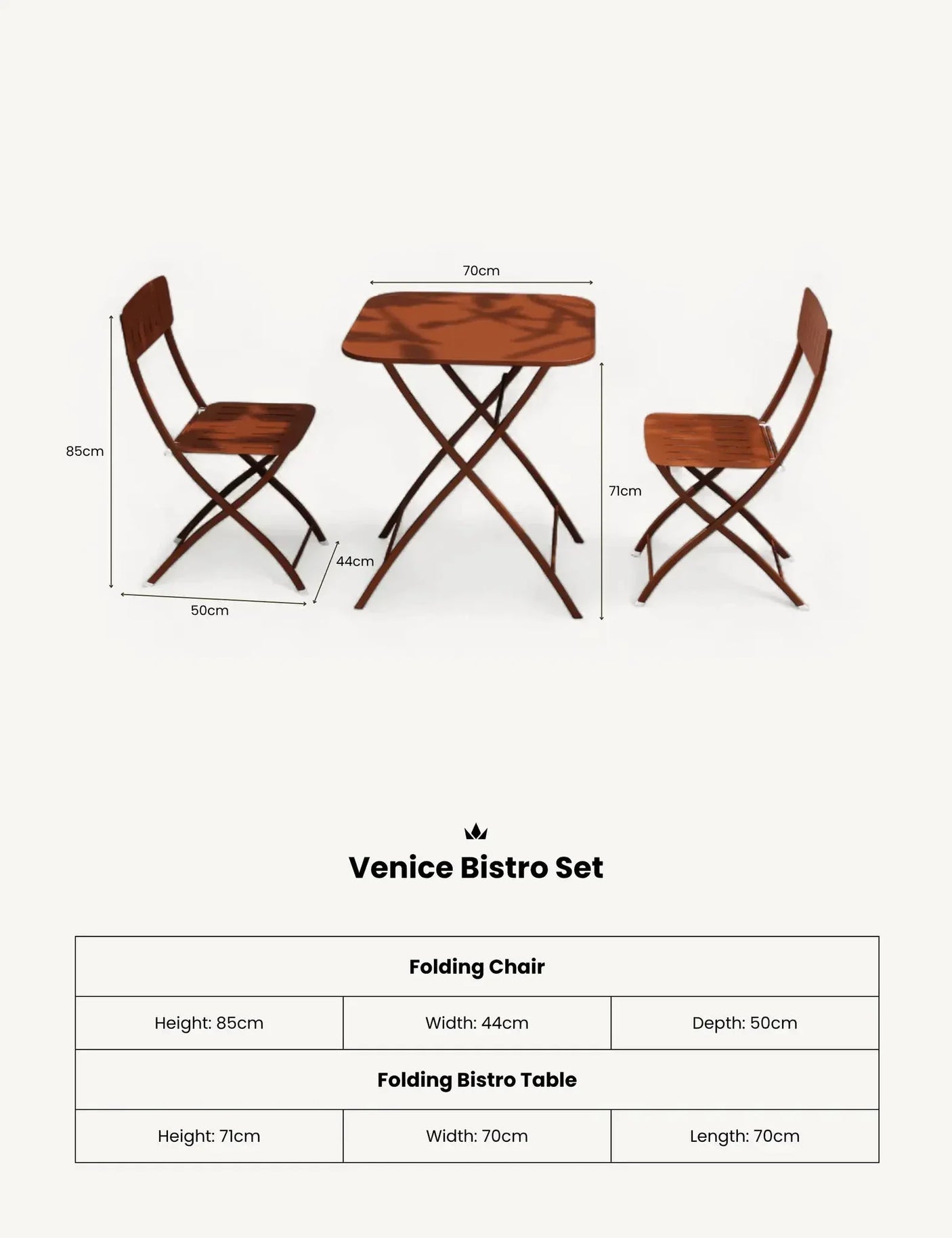 Wooden folding bistro set with two chairs and square table, dimension details visible