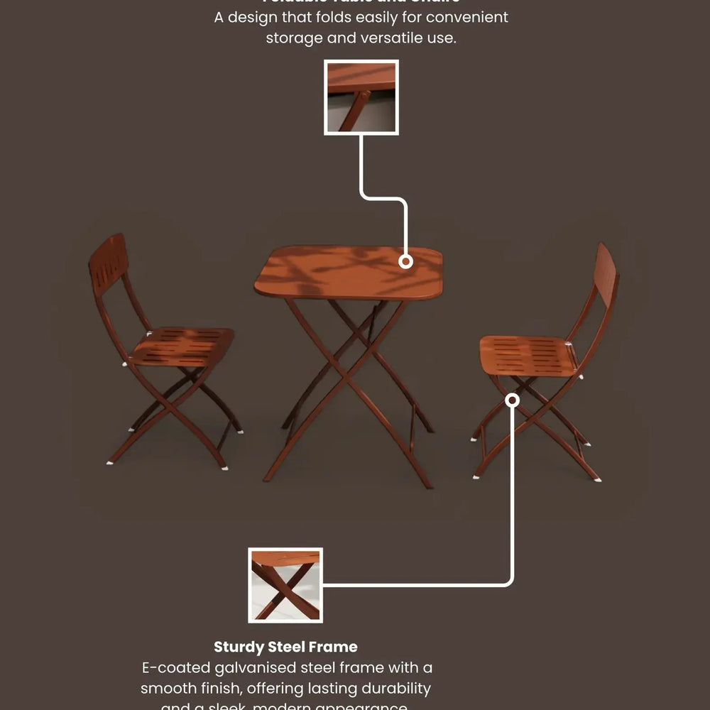 Brown foldable steel bistro table and two chairs set with close-up on frame details