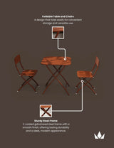Brown foldable steel bistro table and two chairs set with close-up on frame details