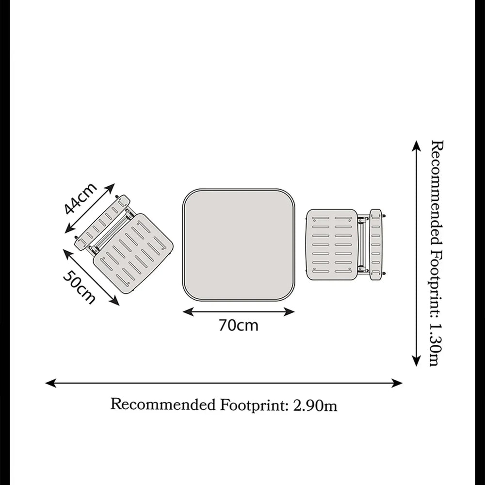 Champagne garden furniture set floor plan with chair and table dimensions labeled