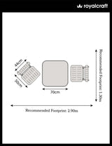Champagne garden furniture set floor plan with chair and table dimensions labeled