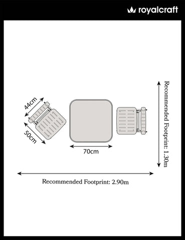 Champagne garden furniture floorplan with chair and table dimensions in centimeters